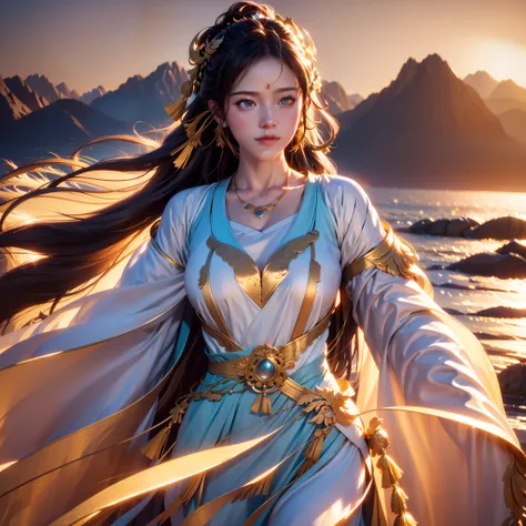 a sea of golden clouds, surrounded by mountains, classical antique girl, motion blur, cinematic lighting, best quality, 4k