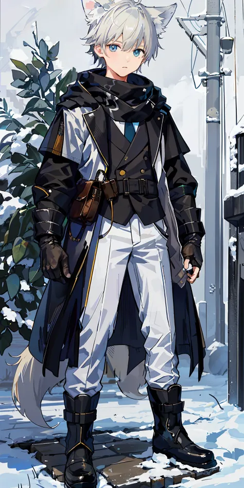 1boy, shota, (HD quality, masterpiece level), fresh and cold teenage characters, wolf ears and wolf tail highlight the characters sense of belonging, blue eyes and dark gray hair echo each other, the clean lines of the white-gray military trench coat show ...