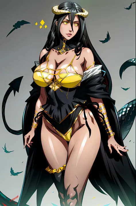 1girl, highres, sharp focus, pixiv masterpiece, ((intricate details)), highly detailed, black hair, fair skin, yellow eyes, snake eyes, long hair, Albedo, Albedo from overlord,costume: sensual bikini,