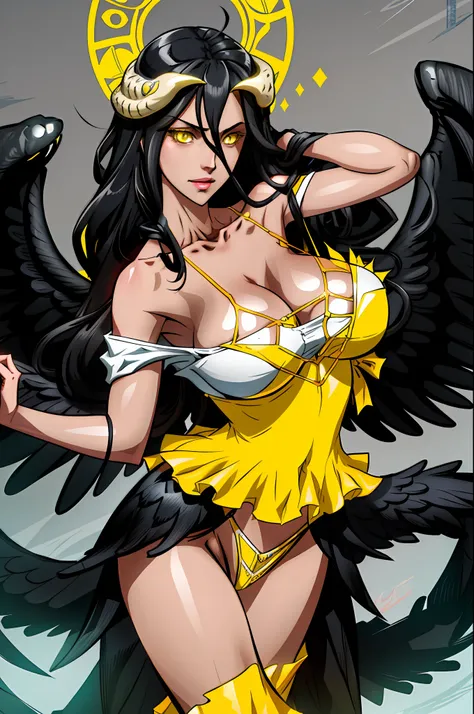 1girl, highres, sharp focus, pixiv masterpiece, ((intricate details)), highly detailed, black hair, fair skin, yellow eyes, snake eyes, long hair, Albedo, Albedo from overlord,costume: sensual bikini,