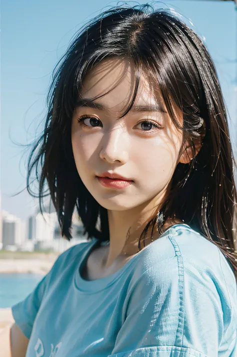 Best Quality, Masterpiece, Ultra High Resolution, (Realistic: 1.4), Original Photo, Official Art, Wallpaper, Bust Photo, Skin, Simple Background, Black Eyes, Details, 1 Girl, Light Blue T-Shirt, Breeze, Sunshine, Shy Face, Water Mist, Studio light,