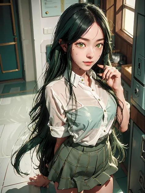 frillshiranui(oshinoko), darkgreen hair, green eyes, long hair, expressionless, mole under mouth, smile, miniskirt, white shirt, realistic, 3d, wet, checkered floor