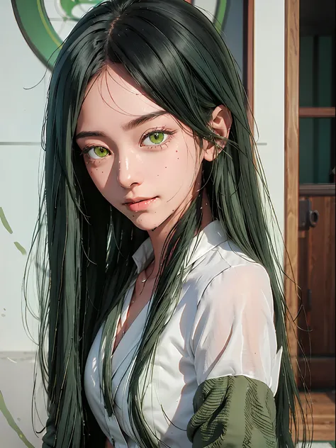 frillshiranui(oshinoko), darkgreen hair, green eyes, long hair, expressionless, mole under mouth, smile, miniskirt, white shirt, realistic, 3d, wet, checkered floor