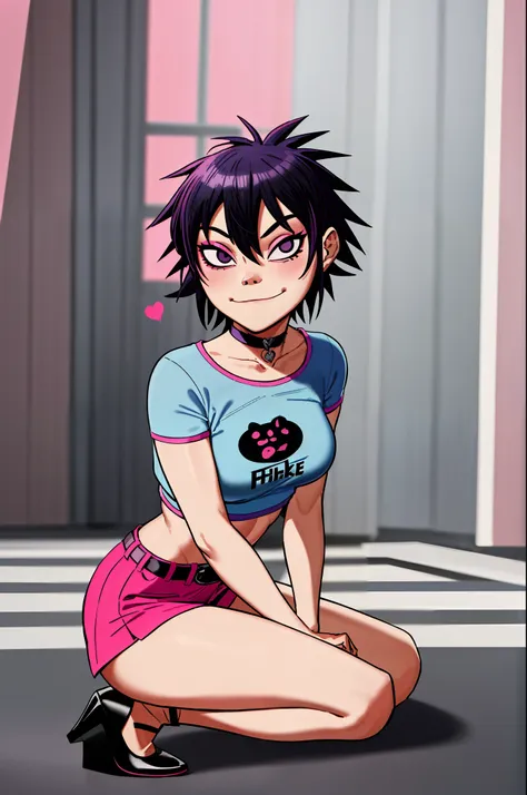 noodle (gorillaz), masterpiece, best quality, hair between eyes, purple hair, choker, belt, blush, looking at viewer, bangs,  fi...