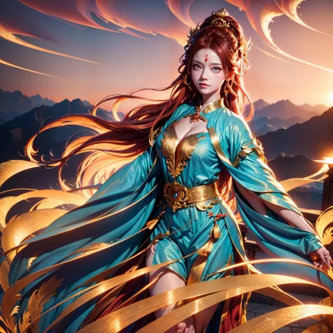 A sea of golden clouds, Surrounded by mountains, Classical antique girl, red pubic hair, Review, Mysterious Palace, Phoenix Guanxia, heart-shaped pupils, motion blur, cinematic lighting, best quality, 4K