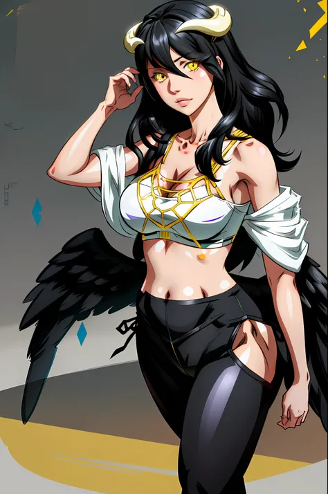 1girl, highres, sharp focus, pixiv masterpiece, ((intricate details)), highly detailed, one eye, detailed eyes black hair, fair skin, yellow eyes, sharp cat eyes, long hair, black angel wings, white horns Albedo, Albedo from overlord,costume: sportswear, l...