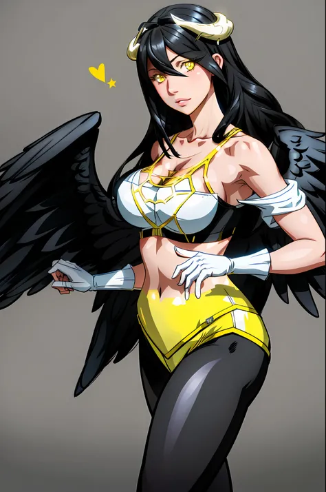 1girl, highres, sharp focus, pixiv masterpiece, ((intricate details)), highly detailed, one eye, detailed eyes black hair, fair skin, yellow eyes, sharp cat eyes, long hair, black angel wings, white horns Albedo, Albedo from overlord,costume: sportswear, l...