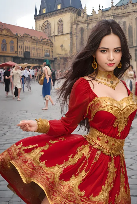 (masterpiece, best quality, realistic),
1girl,prague old town square background, gypsy dress, dancing, intricate, dark red dress...