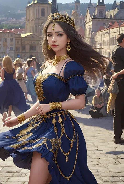 (masterpiece, best quality, realistic),
1girl,prague old town square background, gypsy dress, dancing, intricate, dark blue dres...