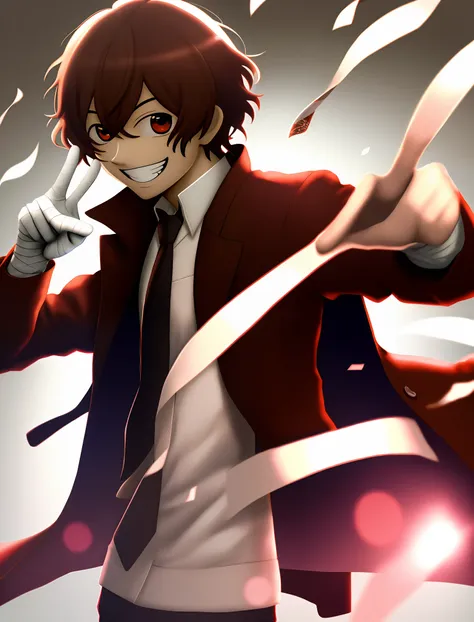 (masterpiece, best quality:1.2), upper body, solo, male focus, 1boy, dazai osamu, smiling, brown jacket, bandages, giving a peac...