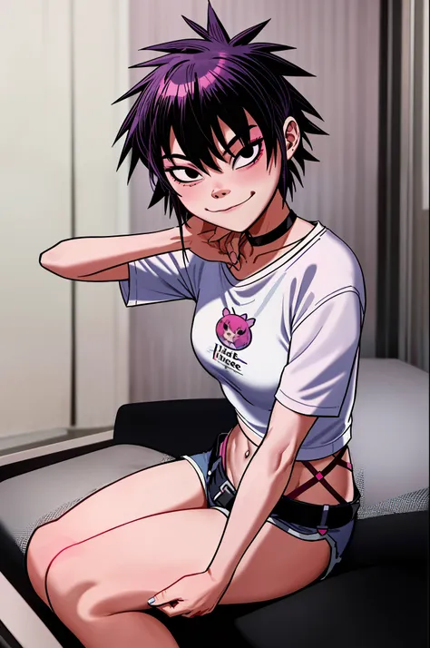 noodle (gorillaz), masterpiece, best quality, hair between eyes, purple hair, choker, belt, blush, looking at viewer, bangs, fis...