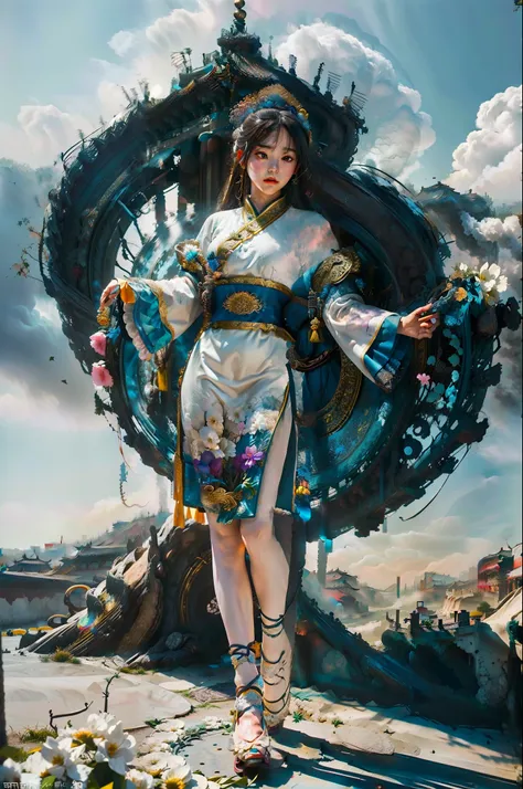 zhong fenghua, 1 girl, (full body:1.5) ,solo, hanfu, flower field, blossom, (white smoke:1.3) (realistic:1.4), zen entanglement,...