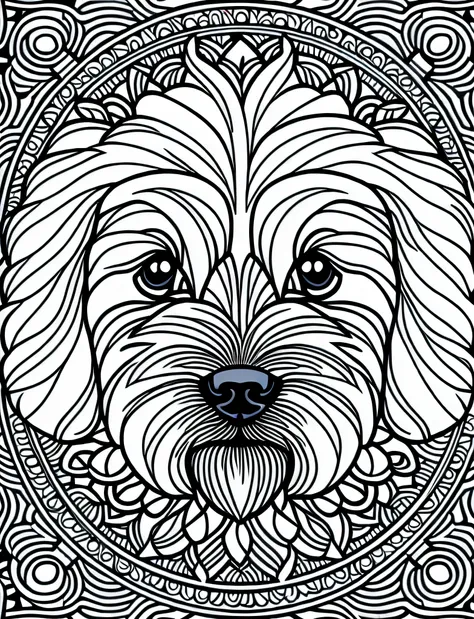 a bichon bolognese style dog, fantasy, magical, mandala, happy, black and white, equal wavy lines, realistic line art drawing, c...