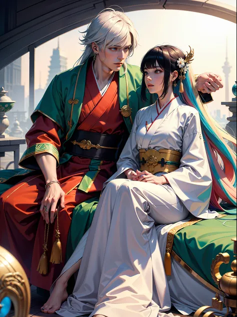 Concept Art, "1 Couple, Male Focus, Fin Ears, Multicolored Hair, Handsome Boy, Long White Hair, Tassels, Bangs, Carp, Colorful, Bold Colors, White Kimono, (Open) Kimono, Traditional Chinese Clothing, Close-up, Intimate Interaction in Bed, Stud Earrings, Ri...