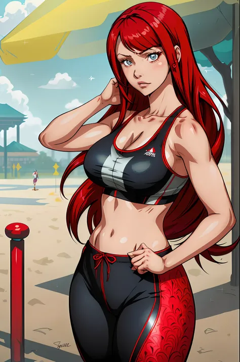 1girl, highres, sharp focus, pixiv masterpiece, ((intricate details)), highly detailed, one eye, detailed eyes, fair skin, scarlet colored hair, Erza scarlet,costume: sportswear, leggings, sports bra, joy ride style, ilya kuvshinov,Anime Moe Artstyle, Fema...