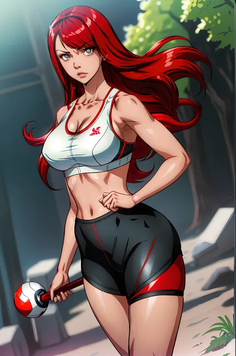 1girl, highres, sharp focus, pixiv masterpiece, ((intricate details)), highly detailed, one eye, detailed eyes, fair skin, scarlet colored hair, Erza scarlet,costume: sportswear, leggings, sports bra, joy ride style, ilya kuvshinov,Anime Moe Artstyle, Fema...
