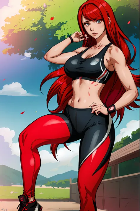 1girl, highres, sharp focus, pixiv masterpiece, ((intricate details)), highly detailed, one eye, detailed eyes, fair skin, scarlet colored hair, Erza scarlet,costume: sportswear, leggings, sports bra, joy ride style, ilya kuvshinov,Anime Moe Artstyle, Fema...