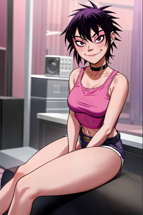 noodle (gorillaz), masterpiece, best quality, hair between eyes, purple hair, choker, belt, blush, looking at viewer, bangs, fis...