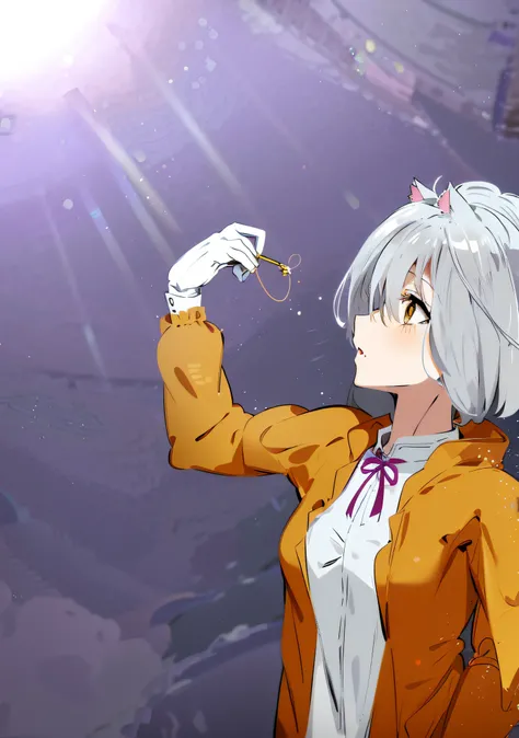 Anime characters with white hair and yellow jacket holding glowing golden keys, anime moe art style, index finger, cute anime catwoman, anime style, Senko-san, anime catwoman, anime style, anime girl with cat ears, anime art style, anime style character, s...