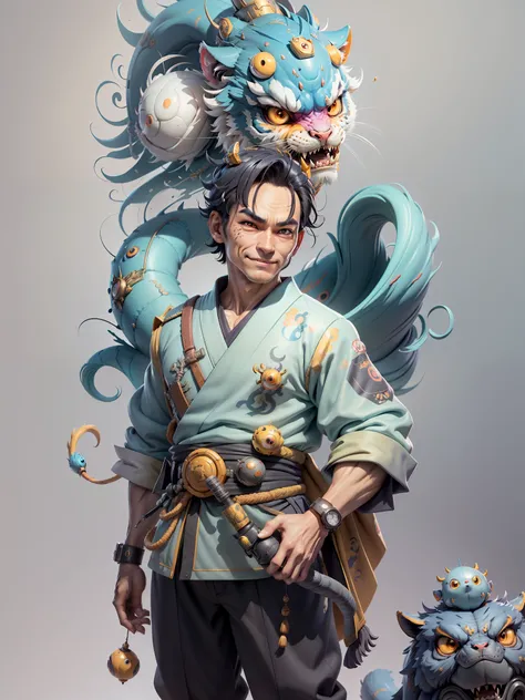 (Masterpiece), (Excellent), (Super Meticulous), (Full Body: 1.2), Super Young Man with Japanese Female Geisha, Beauty, Chinese Dragon, Tiger, Wind God Thor, Sexy, Bursting, Oriental Face, TV Anchor, Bust Portrait Illustration, Black Suit, Blue Tie, Slightl...