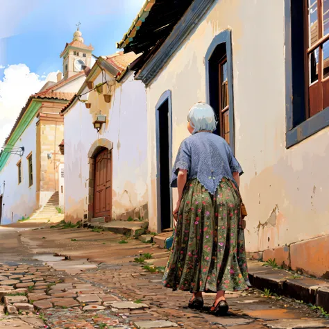 there is a woman walking down a cobblestone street with a clock tower in the background, ancient city streets behind her, old wo...