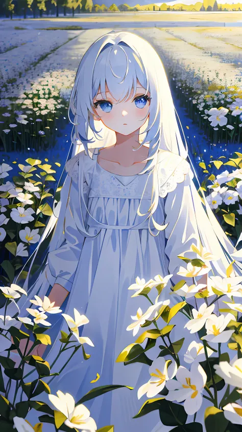 masterpiece, best quality, a girl with long hair, soft white clothes, alone in a never-ending flower field