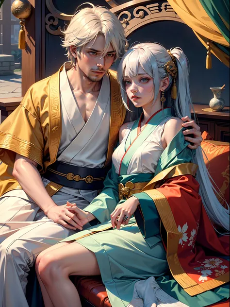 concept art, "1 couple, male focus, fin ears, multicolored hair, handsome boy, long white hair, tassels, bangs, carp, colorful, ...