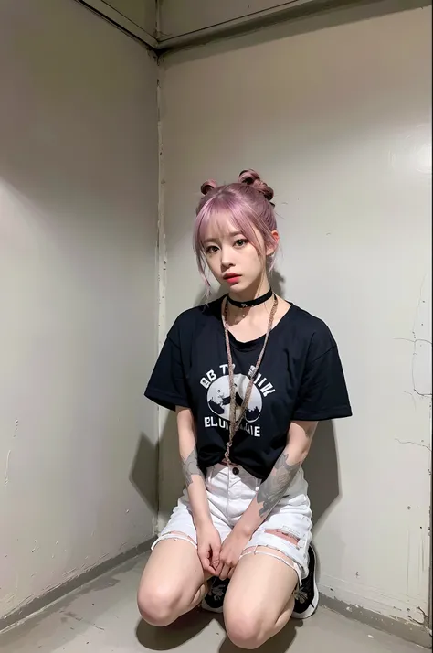 (8k:1.27), best quality, masterpiece, ultra highres:1.2), arrested lesbian goth delinquent girl with arm tattoos, tattooed girl, full body picture, blue oversized knotted prisoner t-shirt with white letters, short big sleeves, blue short inmate pants tied ...
