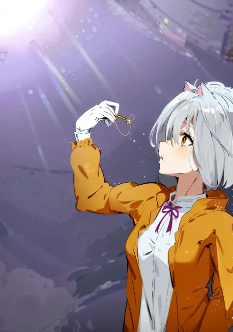 Anime characters with white hair and yellow jacket holding glowing golden keys, anime moe art style, index finger, cute anime catwoman, anime style, Senko-san, anime catwoman, anime style, anime girl with cat ears, anime art style, anime style character, s...
