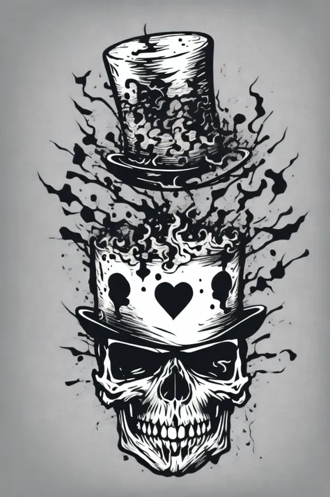 (A skull wearing a top hat, with art vector style, white background, detailed and sharp outline, fire coming out of the eyes), (a T-shirt with an art-style logo)