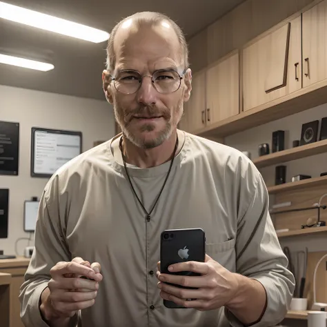 steven poul jobs holding a cell phone in his hand, glasses, beard, apple, apple phone, iphone, apple cell phone, confident smile...