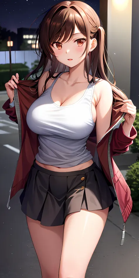 chizuru, large breasts, thighs, unzipped jacket, tanktop, shoulders, skirt, night