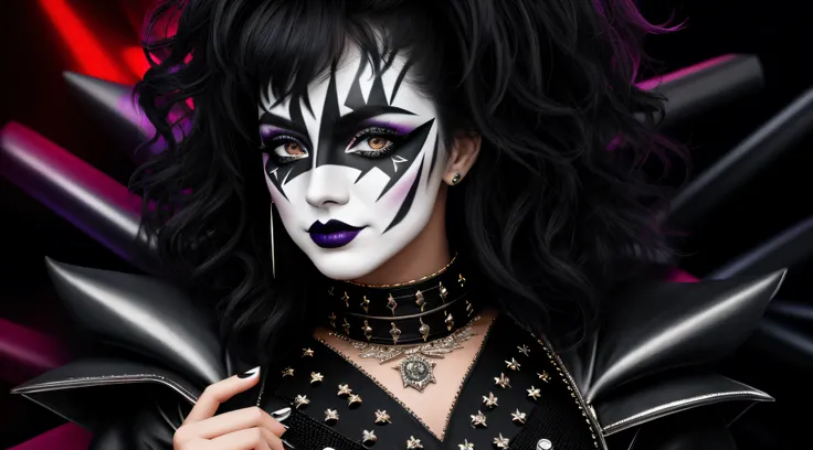 4K, Masterpiece, highres, absurdres,edg_makeup, a woman with a black and white face paint , edg_makeup on face, rockstar attire, rorckstar hair, surreal, lights on, shadows,great composition, (realistic:0.8), (((full body picture)))
