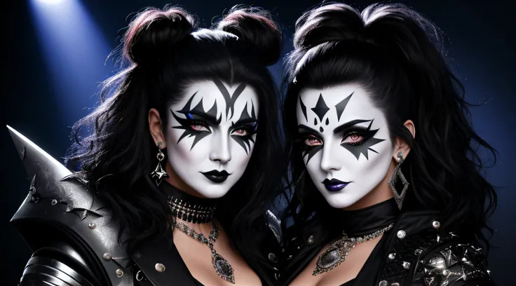 4K, Masterpiece, highres, absurdres,edg_makeup, a woman with a black and white face paint , edg_makeup on face, rockstar attire, rorckstar hair, surreal, lights on, shadows,great composition, (realistic:0.8), (((full body picture)))