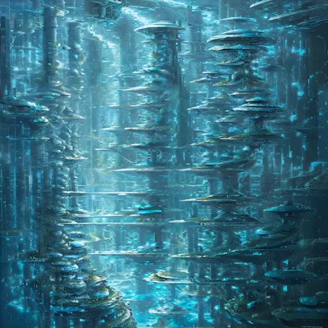 modern futuristic design large underwater city, futuristic underwater cityscape, a artificial waterfall and a pond with colorful...