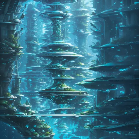 modern futuristic design large underwater city, futuristic underwater cityscape, a artificial waterfall and a pond with colorful flowers in the middle, nature meets underwater architecture, built inside ocean, realistic beehive architecture, organic underw...