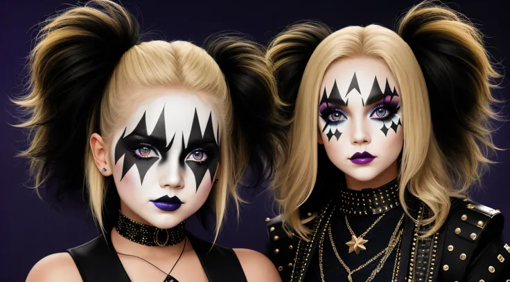 GIRL CHILD 10 YEARS OLD, BLONDE, 4K, Masterpiece, highres, absurdres, edg_makeup, a woman with a black and white face paint, edg_makeup on her face, rockstar costume, rorckstar hair, surreal, lights on, shadows, great composition, (realistic: 0.8), (((full...