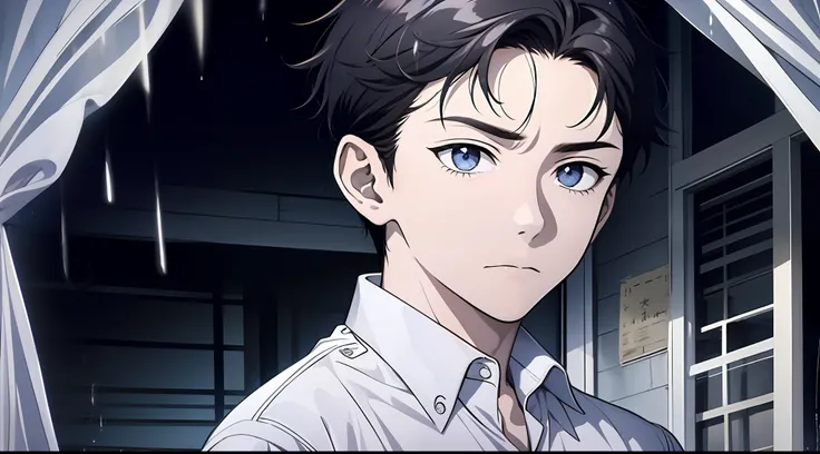 Young man, white shirt, inch, in front of a house in the rain curtain, low angle, looking at the letter in his hand, full of anger, light illumination, realism, 2D, line stroke, diagonal composition, HD