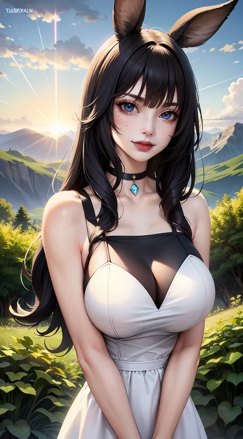 (masterpiece:1.2, best quality), (1lady, solo, upper body:1.2), big tits, shoulder length hair, Minimal dark makeup, Face close-up, Smile, black hair, blue eyes, black furry bunny ears, (((white dress))), (black lipstick), viera, final fantasy xiv, ((seduc...