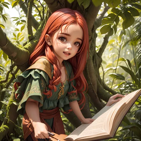 Tainá, the curious little girl with red hair and bright eyes, Stilo cartoon, is standing before an imposing tree with a twisted trunk. She holds in her hands a worn-out old book, found in a hole hidden over the exposed roots. Soft sunlight streams through ...