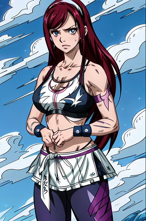 1girl, highres, sharp focus, pixiv masterpiece, ((intricate details)), highly detailed, one eye, detailed eyes, fair skin, scarlet colored hair, Erza scarlet,costume: sportswear, leggings, sports bra, joy ride style, ilya kuvshinov,Anime Moe Artstyle, Fema...