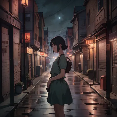 A captivating photograph that brings to life the essence of a Studio Ghibli-inspired world. The scene is set in a picturesque town at night, exuding a nostalgic charm. The composition captures a solitary junior high school girl, her figure gracefully silho...