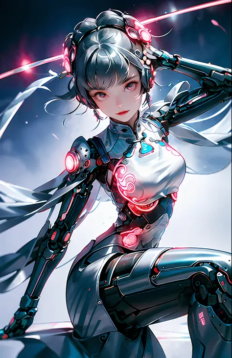 1 girl, Chinese_clothes, liquid silver and pink, cyberhan, cheongsam, cyberpunk city, dynamic pose, glowing headphones, glowing hair accessories, long hair, glowing earrings, glowing necklace, cyberpunk, high-tech city, full of mechanical and futuristic el...