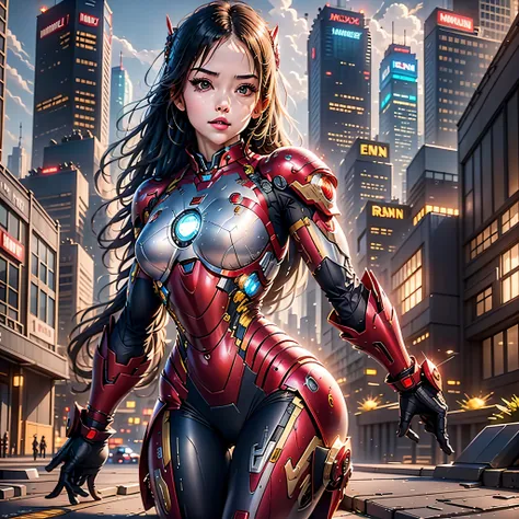 8k, realistic, attractive, highly detailed, a 20 year old girl a sexy and attractive woman inspired by iron man wearing a shiny ...