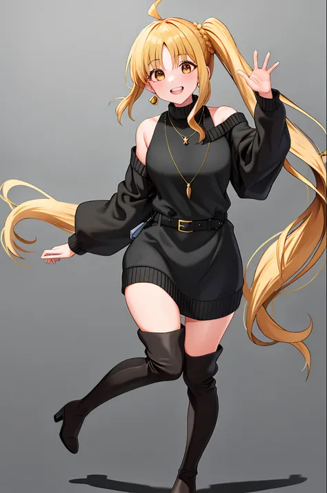 1girl, Solo, Black sweater dress, jewelry, thigh boots, earrings, bag, sweater, thigh, boots, long hair, handbag, belt, high heels, dress, necklace, ribbed sweater, black footwear, white background, off-shoulder, full body, bangs looking at viewer, bare_sh...