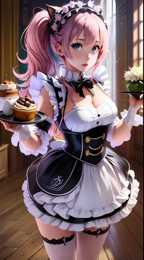 a closeup of an anime character holding a food tray, anime cat girl with pink hair in a maid costume, full body commission for, ...