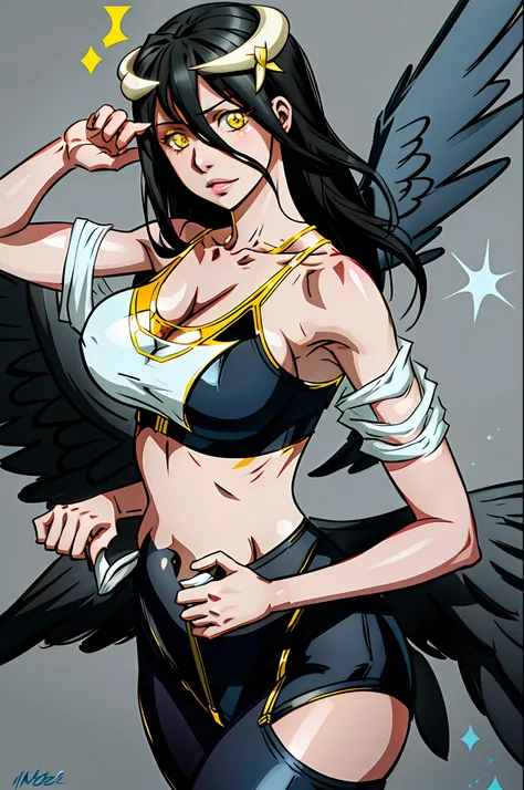1girl, highres, sharp focus, pixiv masterpiece, ((intricate details)), highly detailed, one eye, detailed eyes black hair, fair skin, yellow eyes, sharp cat eyes, long hair, black angel wings, white horns Albedo, Albedo from overlord,costume: sportswear, l...
