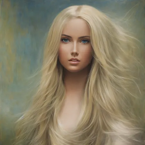 create a masterpiece, of a beautiful blonde woman with a very deep look, light green eyes, inside them a reflection of the sun. ...