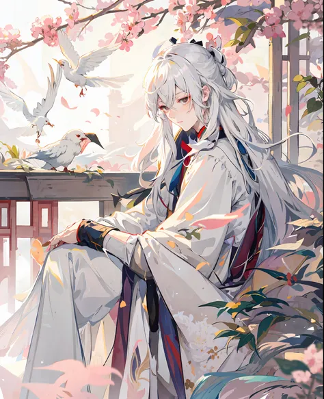 Anime boy sitting on a bench, birds flying around her, white-haired god, Guwiz, flowing white robe, Ye Xin, beautiful character painting, long white hair, Guvitz-style artwork, Yang J, inspired by Bian Shoumin, white long hair, Keqing from Genshin impact, ...