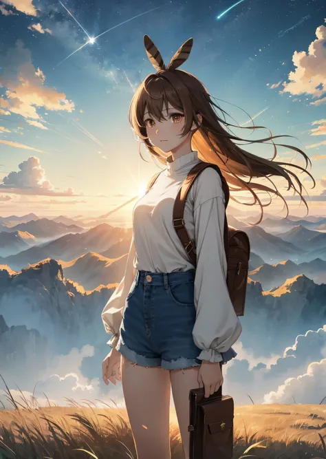 (人物: nanashi mumei), {brown hair}, (masterpiece:1.2), 1girl, solo, the vast sky, beautiful skyline, large grasslands, extremely ...